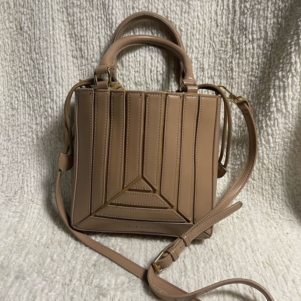 Melie Bianco synthetic latte mini tote crossbody bag with gold tone hardwares